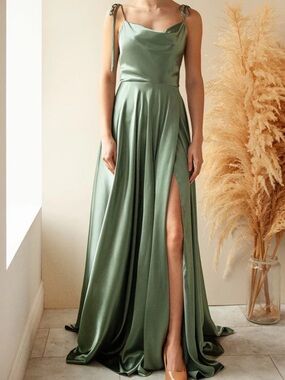 Moira Khaki | Cowl Neck Satin Maxi Dress with High Slit
